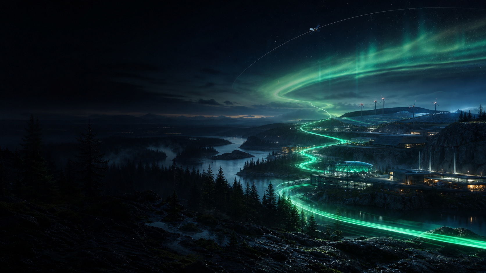 A luminous green signal crossing a northern Canadian technology landscape.